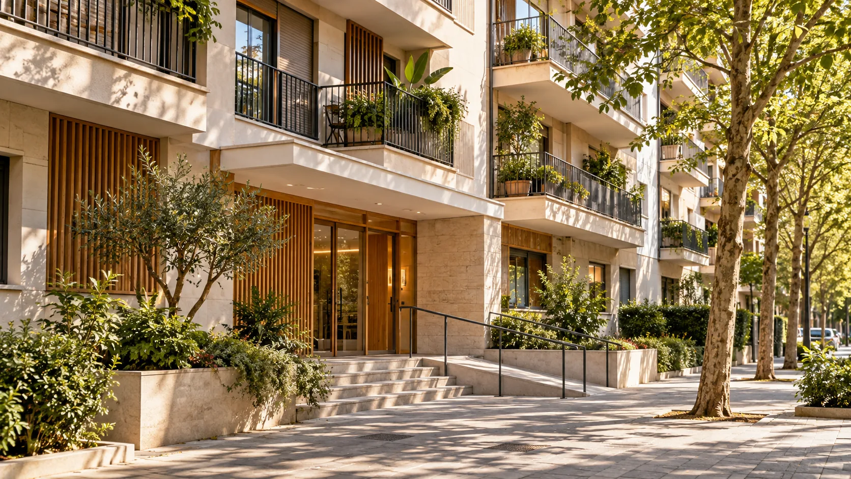 Edificio residencial con balcones y entrada comunitaria